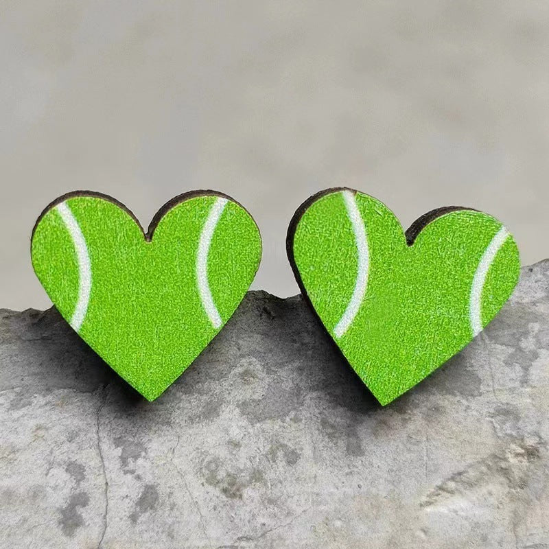 Wholesale Event Sports Accessories Heart Shaped Ball Wooden Earrings